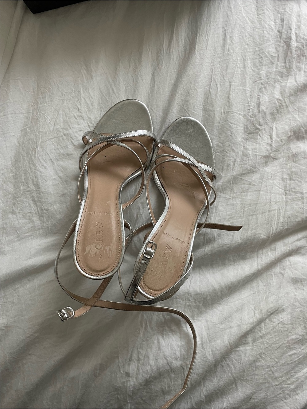 J. Crew Metallic Silver Strappy Heels